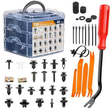 GOOACC 795 pièces Clips de fixation pour voiture et assortiment de fixations automobiles 23 tailles les plus populaires Rivets de pare-chocs en nylon Kit de goupilles à vis en métal avec 10 attaches de câble et dissolvant pour Toyota GM Ford Honda Chevy