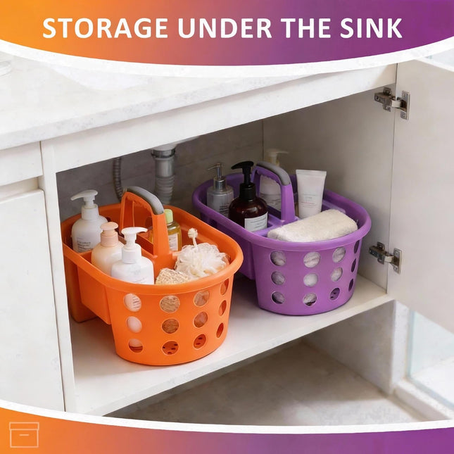 SIMPLYKLEEN Large Shower Caddy Portable 2PC - Made in USA Plastic Jumbo Size Dorm Storage Candy Tote with Handle Shower Organizer for Bathroom, Pantry, Kitchen, College Dorm, Orange/Purple