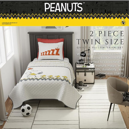 Franco Peanuts 75th Anniversary Snoopy & Woodstock Bedding Super Soft Cozy 2 Piece Twin Coverlet Quilt and Sham Set, (Official Peanuts Product)