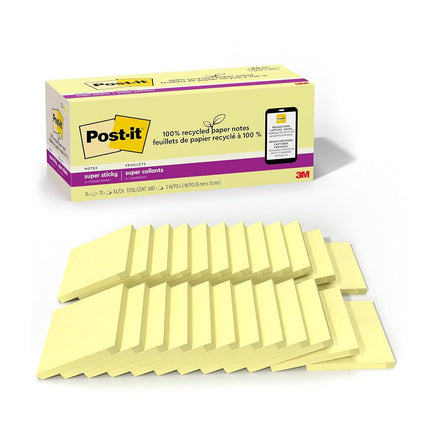 Post-it 100% Recycled Paper Super Sticky Notes, 2X The Sticking Power, 3x3 in, 24 Pads/Pack, 70 Sheets/pad, Canary Yellow(654R-24SSCY-CP)