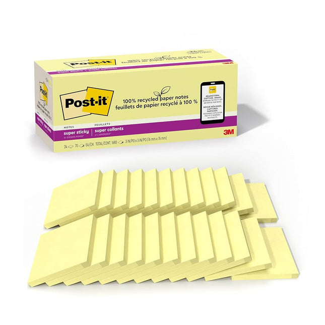 Post-it 100% Recycled Paper Super Sticky Notes, 2X The Sticking Power, 3x3 in, 24 Pads/Pack, 70 Sheets/pad, Canary Yellow(654R-24SSCY-CP)