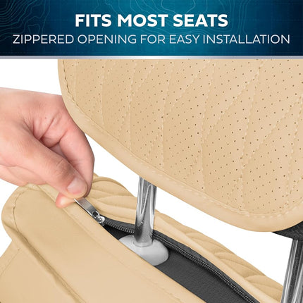 MotorBox Car Seat Covers – DiamondLux Edition Premium Faux Leather Tan Beige Seat Protectors – Double Cross Stitched Cushioned Automotive Accessories for Trucks, SUVs, Cars – Front Seat Set