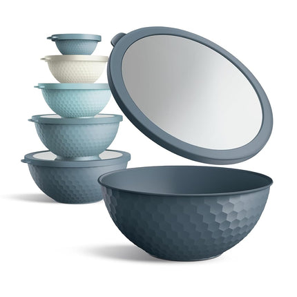 Cook with Color Mixing Bowls with Lids - 12 Piece Plastic Nesting Bowls Set Includes 6 Prep Bowls and 6 Lids, Non Slip Bottom and Embossed Design - Microwave Safe (Blue)