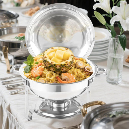 Elegant Silver Chafing Dishes for Buffet 4 Pack, 5QT Stainless Steel Food Warmers - Secure Packaging, Easy Assembly & Smooth Edges for Safe Serving at Parties, Catering, Weddings