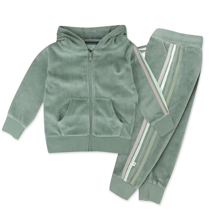HonestBaby Sudadera con capucha de terciopelo y sudadera con cremallera frontal y conjunto de pantalones deportivos para bebé, niño pequeño, niños, niñas, unisex, salvia con raya, 3T, salvia con raya, 3T