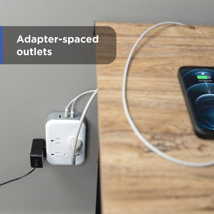 GE All-in-One Surge Protector Wall Tap, 8 Outlets (4 Grounded + 4 Polarized), 2 USB-C & 1 USB-A, 15W Shared, 1140J, Circuit Breaker, ETL Certified, White/Gray, 85633