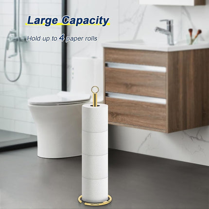 NearMoon Bath Toilet Paper Holder Stand, Free Standing Tissue Paper Storage with Reserve, Space Toilet 4 Rolls Holder for Bathroom/Kitchen Countertop-All Metal (2 Pack, Chrome Gold)