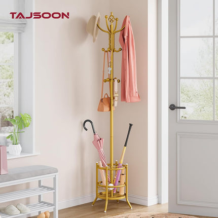 Tajsoon Coat Rack with Umbrella Holder, Coat Tree With 16 Hooks, Gold