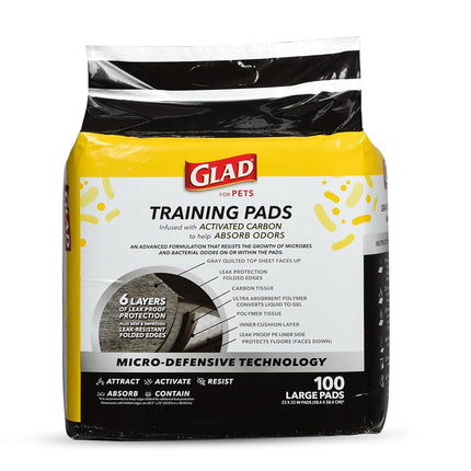 Glad for Pets Activated Carbon Puppy Training Pads with Anti-Microbial Technology, 23"x23" | Ultra Absorbent, Odor Control, Heavy Duty Puppy Potty Training Pads, 100ct - 2 Pack
