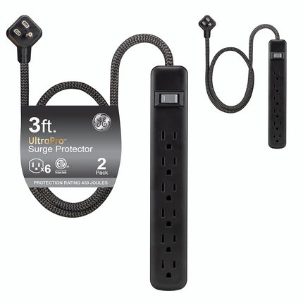 GE UltraPro 2 Pack 6-Outlet Surge Protector, 3ft Braided Cord Power Strip, 450 Joules, Black