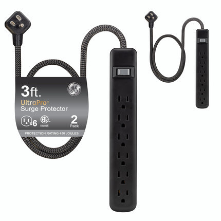 GE UltraPro 2 Pack 6-Outlet Surge Protector, 3ft B