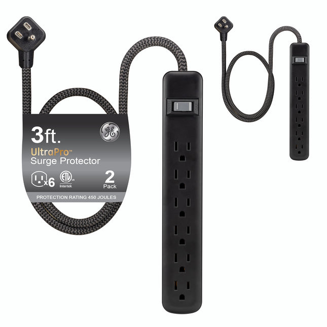 GE UltraPro 2 Pack 6-Outlet Surge Protector, 3ft B