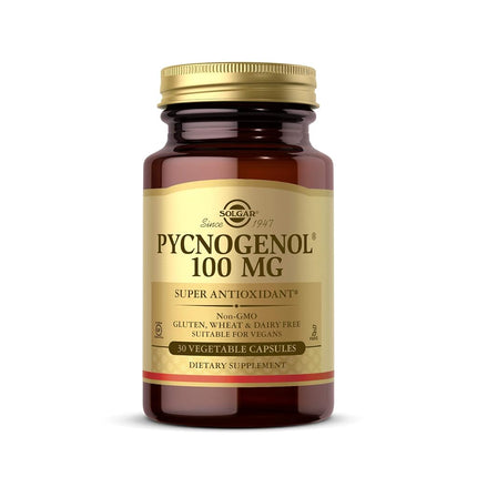 Solgar Pycnogenol 100mg - Derived from Pine Bark - Works Combined with Vitamins C & E - Vegan - 30 Vegetable Capsules, Brown