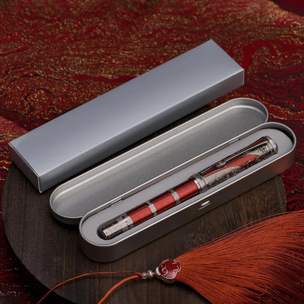 Hongdian D5X Fountain Pen Fine Nib Red Color Retro Chinese Totem Engraved Qin Dynasty Smooth Writing Pen with Converter and Pen Box Set