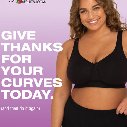 Fruit of the Loom Women's Plus Size Wireless Cotton Bra Full Coverage, Black Hue, 42D