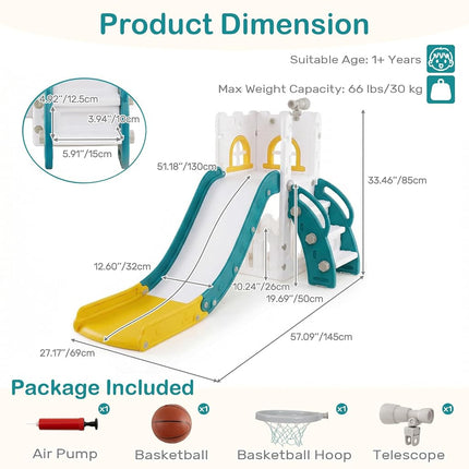 OLAKIDS Toddler Slide, 6 in 1 Kids Indoor Outdoor Playground with Climber Basketball Hoop Telescope Toy Storage for Boys Girls Aged 1+