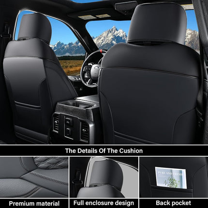 Coverado Leather Car Seat Covers Full Set, RAM 1500 Seat Covers for Car Fit for 2009-2018 Dodge Ram 1500, 2010-2024 2500 3500 Automotive Vehicle Seat Covers Protector for Trucks (Black)