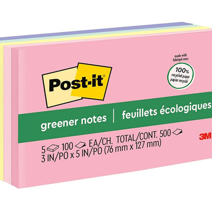 Post-it Greener Notes 3x5 in 5 Pads America's #1 Favorite Sticky Notes Helsinki Collection Pastel Colors (Pink Blue Mint Yellow) Clean Removal 100% Recycled Material (655-RP-A)