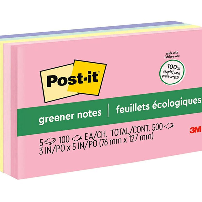Post-it Greener Notes 3x5 in 5 Pads America's #1 Favorite Sticky Notes Helsinki Collection Pastel Colors (Pink Blue Mint Yellow) Clean Removal 100% Recycled Material (655-RP-A)