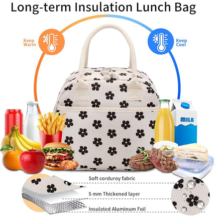 Carry Bloom Lunch Box for Women, Insulated Lunch Bag Cute Corduroy Lunchbag Reusable Lunchbox for Work (Flower Black)