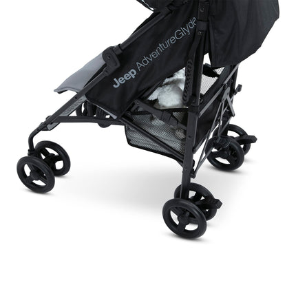 Delta Children Jeep AdventureGlyde - Silla de paseo ligera de viaje con paseo más suave y plegado compacto, reclinación de 3 posiciones, cesta de almacenamiento extra grande, negro/gris