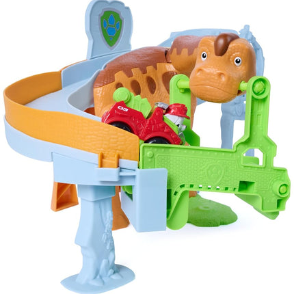 Paw Patrol: The Dino Movie, Lift and Race Dino Playset with 25,4 cm Brachiosaurus, Marshall Pup Squad Racer and Rhubarb Action Figure, Fun Preschool Toys for Girls and Boys Ages 3+