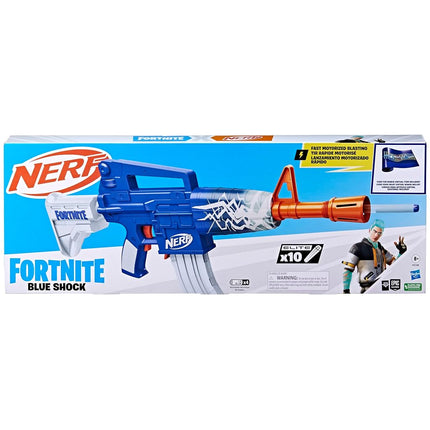 Nerf Fortnite Blue Shock Blaster, chargeur 10 fléchettes, 10 fléchettes Nerf Elite, inclut un code bonus pour débloquer le revêtement « The Beat » dans le jeu, blaster motorisé