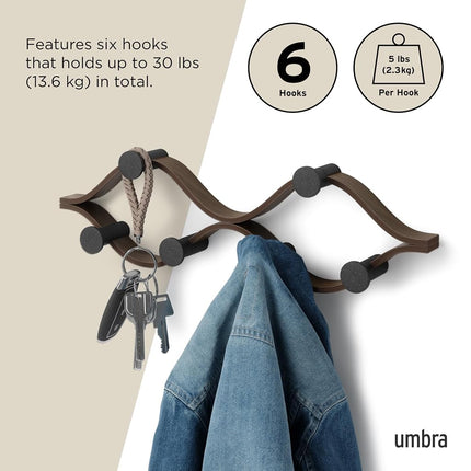 Umbra Montage Coat Rack, Wall Mounted 6 Hooks, Black/Walnut