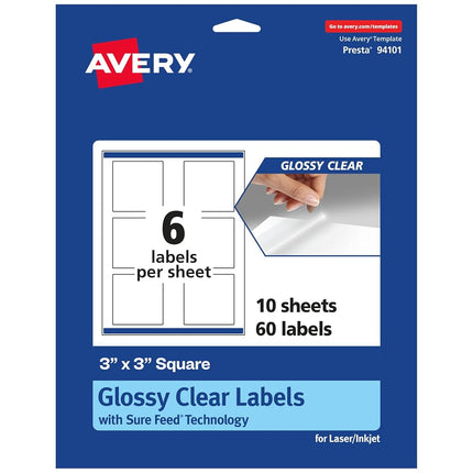 Avery Glossy Clear Square Labels with Sure Feed, Print to the Edge, 3" x 3", 60 Glossy Clear Labels (36525)