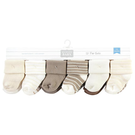 Hudson Baby Unisex Baby Cotton Rich Newborn and Terry Socks, Beige Stripe, 0-6 Months, Beige Stripe 12 Pack, 0-6 Months