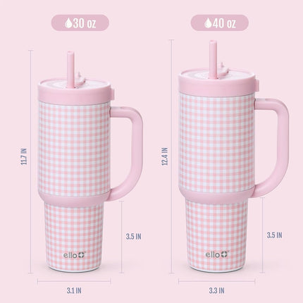 Ello Oasis 30 oz Tumbler with Handle & Retracting Straw | Reusable Insulated Stainless Steel Cup 100% Leakproof, Gifts for Teens Women Men | Keeps Cold for 24 Hours, Cup Holder Friendly, Pink Gingham