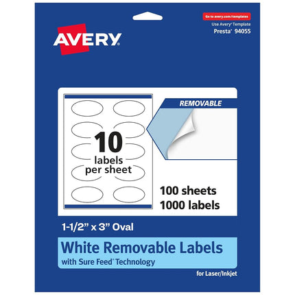 Etiquetas removibles ovaladas Avery blancas mate con tecnología Sure Feed, impresión hasta el borde, 3,8 cm x 7,6 cm, 1000 etiquetas removibles, etiquetas imprimibles con láser/inyección de tinta