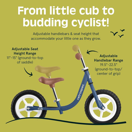Retrospec Cub 2 Bicicleta de Equilibrio de 12" para Niños Pequeños, 18 Meses - 3 Años, Bicicleta de Iniciación Sin Pedales para Niñas y Niños, Neumáticos sin Pinchazos, Asiento Ajustable y Cuadro Duradero