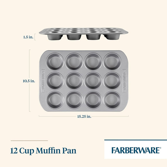 Farberware Nonstick Bakeware 12-Cup Muffin and Cu-Pieceake Pan, Gray