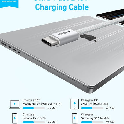 Anker Zolo USB C to USB C Cable, Braided and Dirt-Free Type-C Fast Charging Cable, Slim Connector, for iPhone 16 Series, MacBook (240W) (White, 6FT)