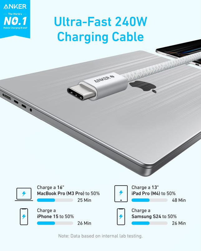 Anker Zolo USB C to USB C Cable, Braided and Dirt-Free Type-C Fast Charging Cable, Slim Connector, for iPhone 16 Series, MacBook (240W) (Black, 3FT)