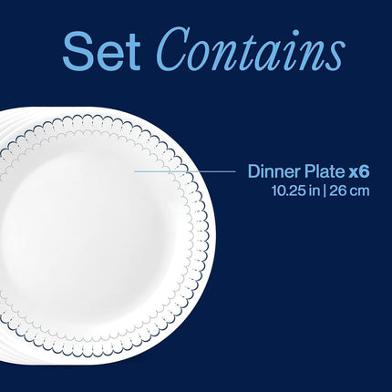 Corelle Vitrelle Juego de platos llanos de 26 cm, vidrio de triple capa y resistente a las roturas, platos redondos ligeros, 8 piezas Winter Frost White