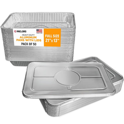 Paclord Aluminum Pans with Lids - 21" x 13" Full Size Foil Pans with Lids, Pack of 50 Pans and 50 Lids, USA-Made Disposable Aluminum Trays for Chafing Racks - Great for Cooking, Heating, Food Storing