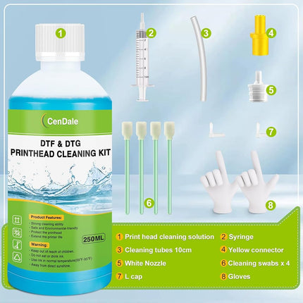 CenDale DTF Cleaning Kit - 250ML DTF Printer Cleaning Solution, Universal Print Head Cleaner Kit for Any DTF & DTG Printers, Print Head DTF Cleaning Solution for Epson ET8550 L1800 XP600 Ink Printer