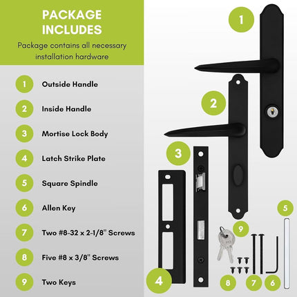 Ideal Security MSMB Straight Mortise Lock Set with Lever Handle for Storm Doors and Screen Doors, Replacement Handle for AluminArt Storm Doors, Matte Black