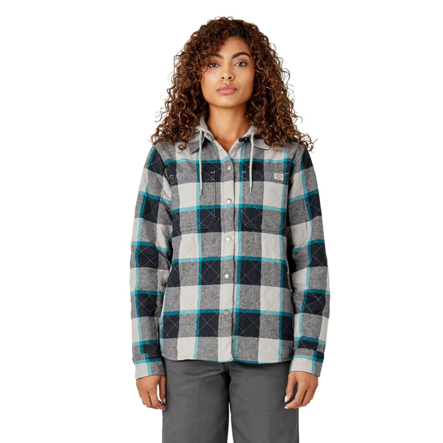 Dickies Women's Flannel Hooded Shirt Jacket, Grey,