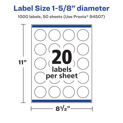 Avery Durable Waterproof Round Labels with Sure Feed, 1-5/8" Diameter, 1,000 Oil and Tear-Resistant Waterproof Labels, Print-to-The-Edge, Laser/Pigment-Based Inkjet Printable Labels