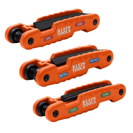 KLEIN TOOLS 70553 3-Piece Pro Folding Hex Key Set, Metric, SAE, Torx Sizes, 31 Keys, Industrial Strength Heat Treated Alloy Steel