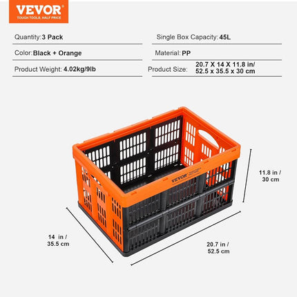 VEVOR Plastic Collapsible Storage Basket, 45L 3 Packs, Folding Stackable Storage Containers/Bins with Handles, Large Heavy Duty Containers for Clothes, Toys, Books, Snack, Shoes and Grocery Organizing