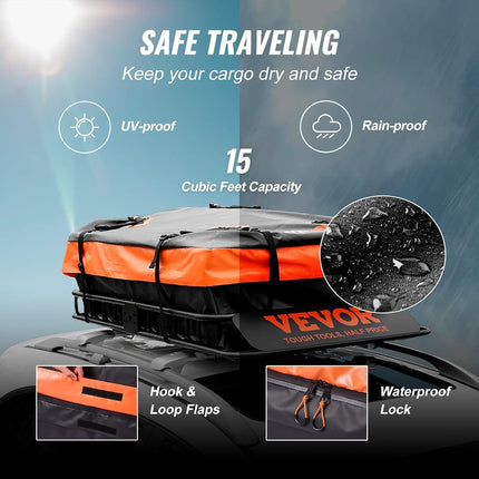 VEVOR Roof Rack Cargo Basket,130 x 91cm Rooftop Cargo Carrier w/ 15 Cu Ft Waterproof Cargo Bag, 90 KG Capacity Universal Rack Carrier for SUV, Truck