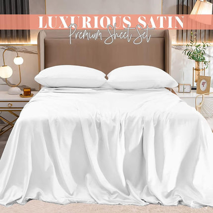 Elegant Comfort Luxurious 4-Piece Silky Satin Sheet Set, Skin and Hair Friendly, Wrinkle, Fade, Stain Resistant with Deep Pockets Fitted Sheet, Cooling Soft Satin Sheet Set, Twin, White