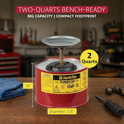Justrite 10208 Steel Plunger Safety Can with Brass and Ryton Pump Assembly, 2 L Capacity, 7-1/4" OD x 7-3/8" H, Red