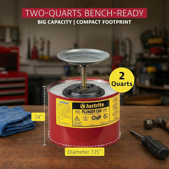 Justrite 10208 Steel Plunger Safety Can with Brass and Ryton Pump Assembly, 2 L Capacity, 7-1/4" OD x 7-3/8" H, Red