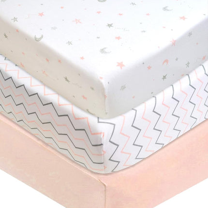 American Baby Company Lot de 3 draps housses imprimés 100 % coton jersey, doux et respirants, pour parc bébé, motif étoiles roses/zigzag, pour filles