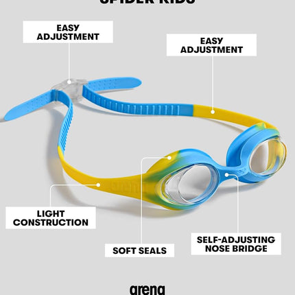 ARENA Spider Kids Swimming Goggles For Children, Pool Goggles With UV Protection, Self-Adjusting Nose Bridge, Hypoallergenic Silicone Seals, Anti-Fog Treatment, 2-5 Years